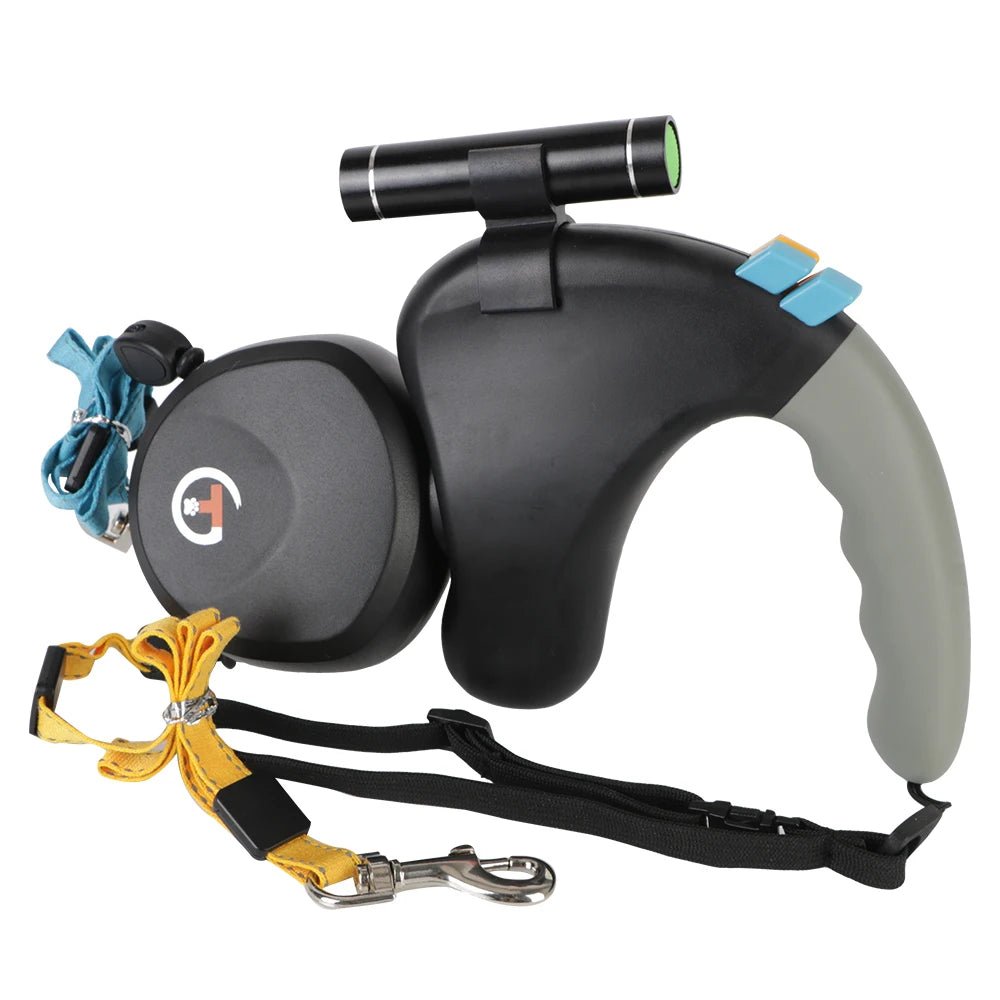 Laisse double enrouleur de couleur noir et gris avec une lampe. Image produit Boutiquechien 