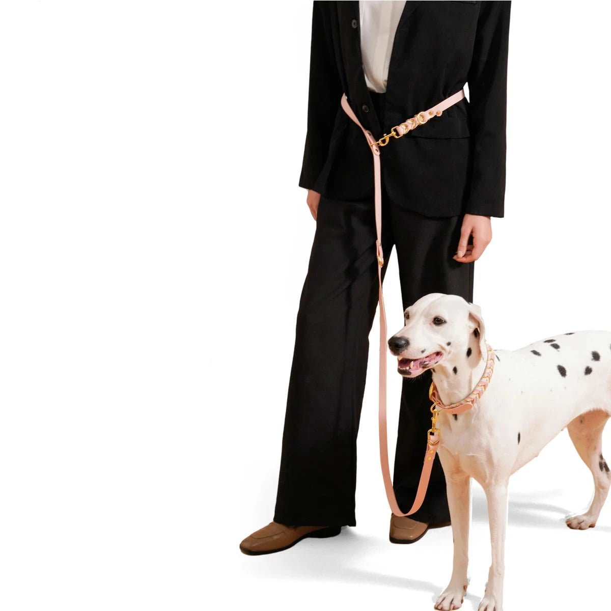 laisse lasso pour chien design. Avec une femme élégante habillé en noir en tenant son chien avec la laisse lasso en caoutchouc rose. Image produit Boutiquechien