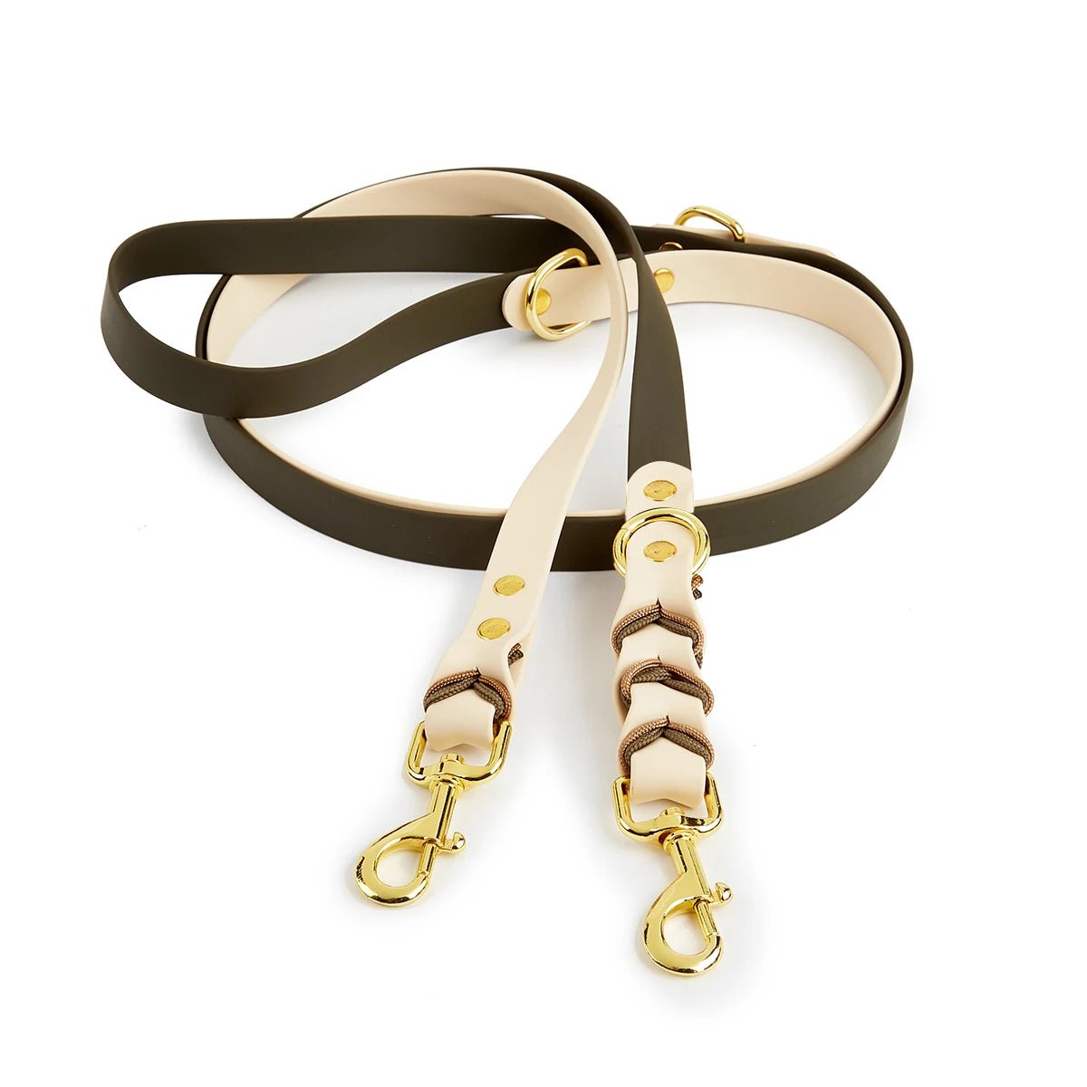 laisse lasso noir et blanc pour chien avec des rappels en or. Image produit Boutiquechien