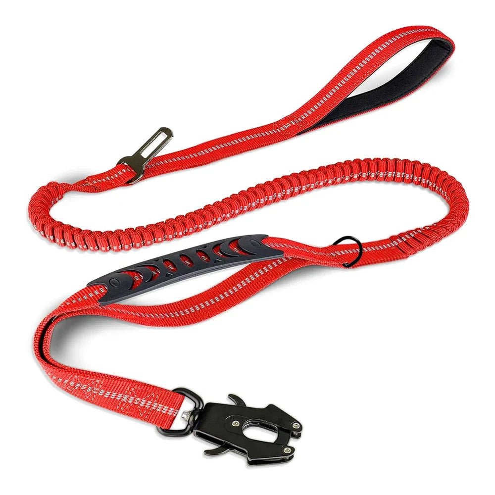 Laisse pour chien trois en un avec cordon élastique. Attache résistante pour rouler en voiture. Laisse pour chien trois en un rouge. Image produit Boutiquechien
