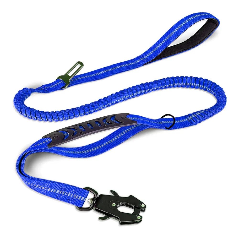 Laisse pour chien trois en un avec cordon élastique. Attache résistante pour rouler en voiture. Laisse pour chien trois en un bleu foncé . Image produit Boutiquechien