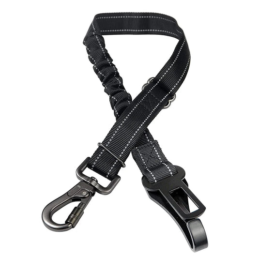 Laisse de sécurité pour chien de couleur noir avec toutes les attaches renforcé pour maintenir son chien. La laisse comporte deux attaches pour maintenir son chien avec un crochet et une boucle de ceinture. La laisse possède un élastique intégré pour maintenir son chien plus facilement. Image produit Boutiquechien