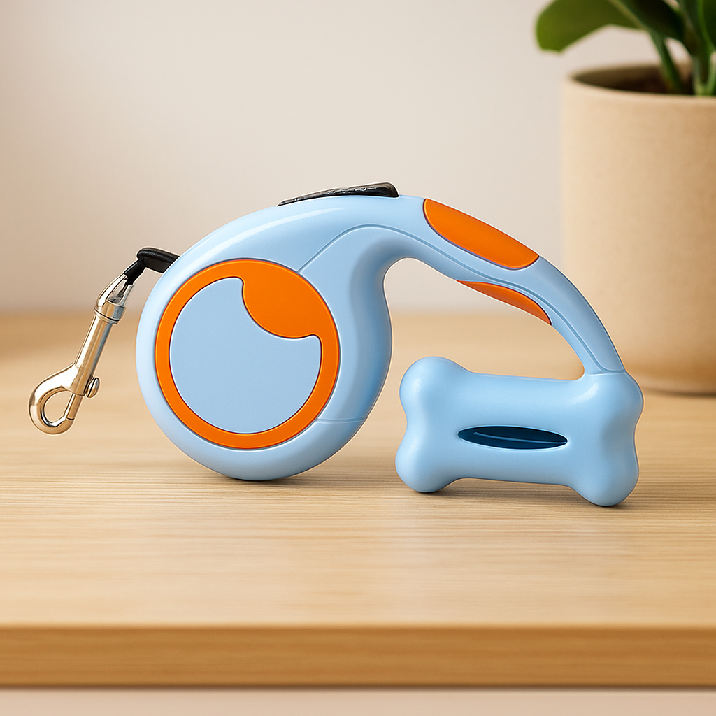 Laisse enrouleur de couleur bleu et orange posé sur une table de couleur clair et en fond une plante verte. Image produit Boutiquechien Image