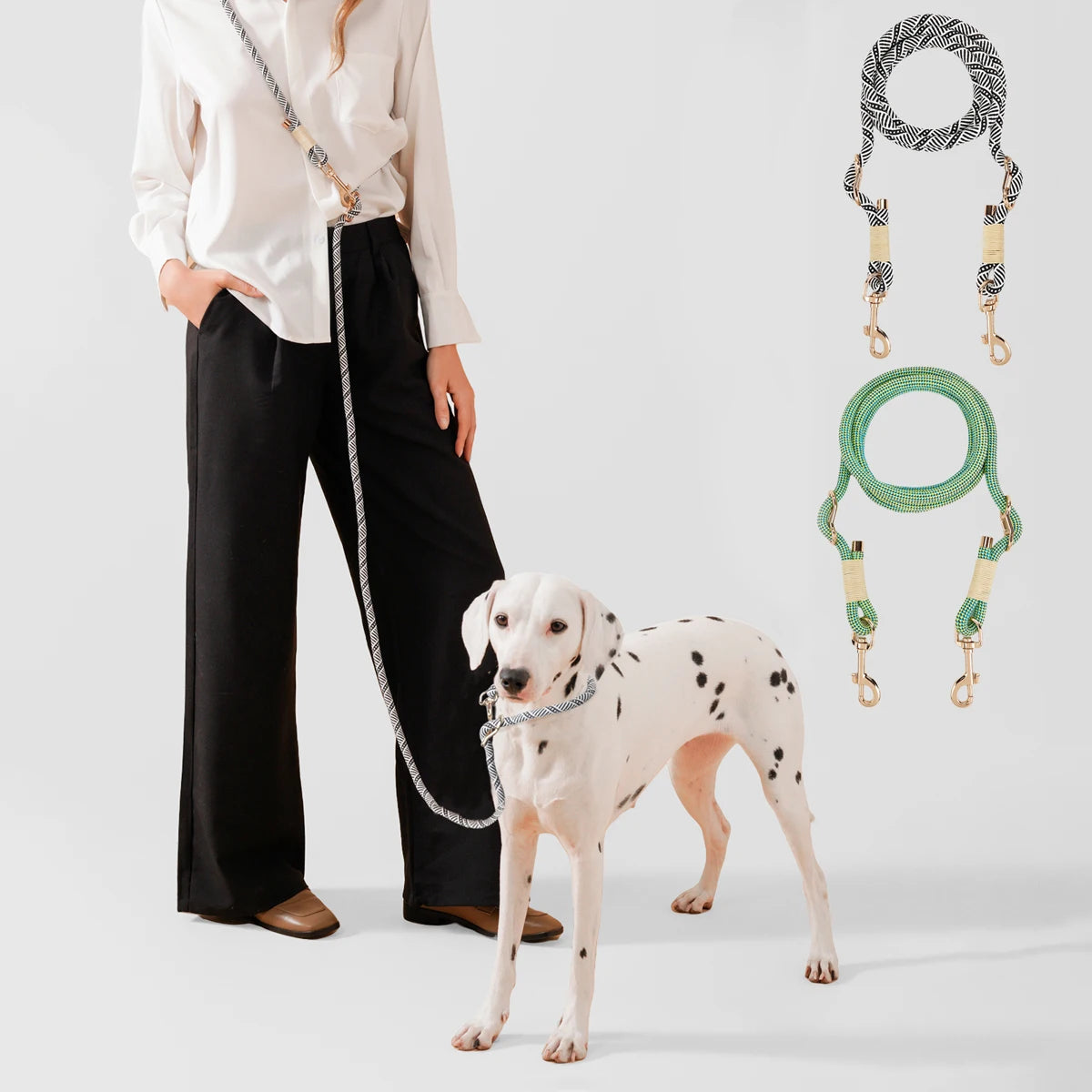 laisse lasso design pour chien. Une femme élégante promène son dalmatien. Image produit Boutiquechien 
