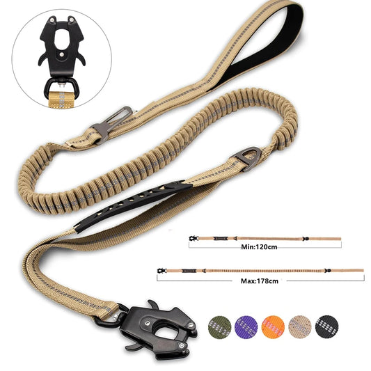 Laisse chien de couleur beige posé par terre trois en un. Image produit Boutiquechien