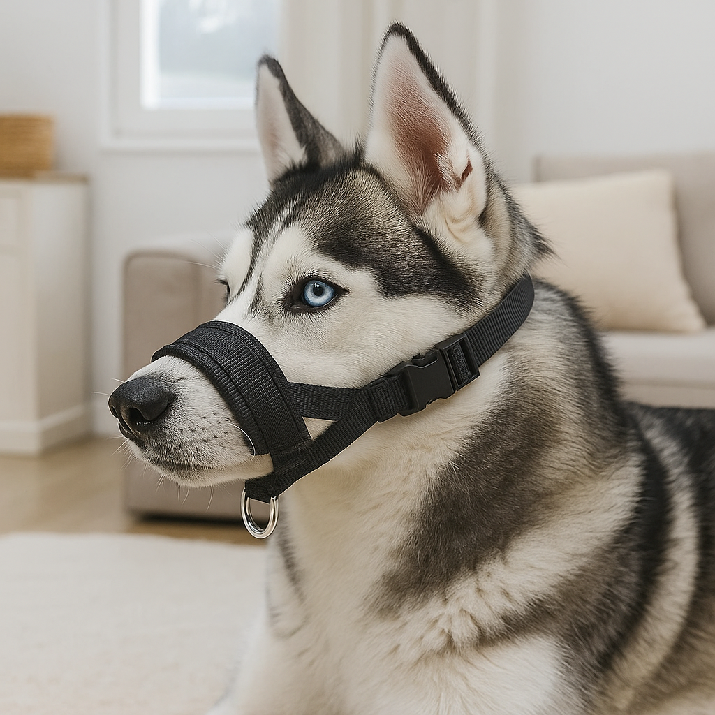 licol chien de couleur noir sur un husky de couleur blanc et noir. Le chien est couché sur un tapis de couleur blanc avec en fond un canapé blanc. Image produit Boutiquechien Image