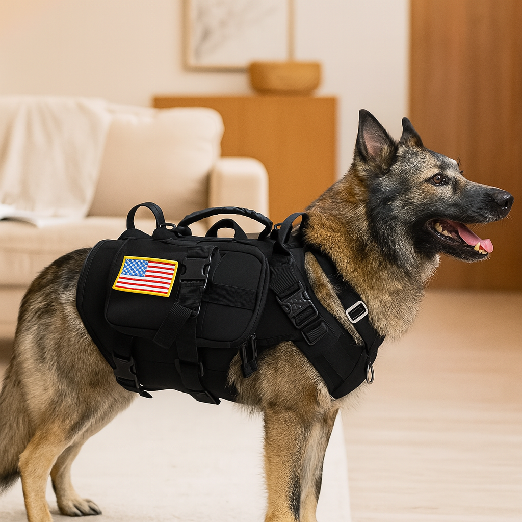 chien avec harnais durable et résistant de couleur noir avec blason américain. Le chien est dans un salon de couleur claire avec en fond un canapé blanc et une commode en bois. Image produit Boutiquechien  