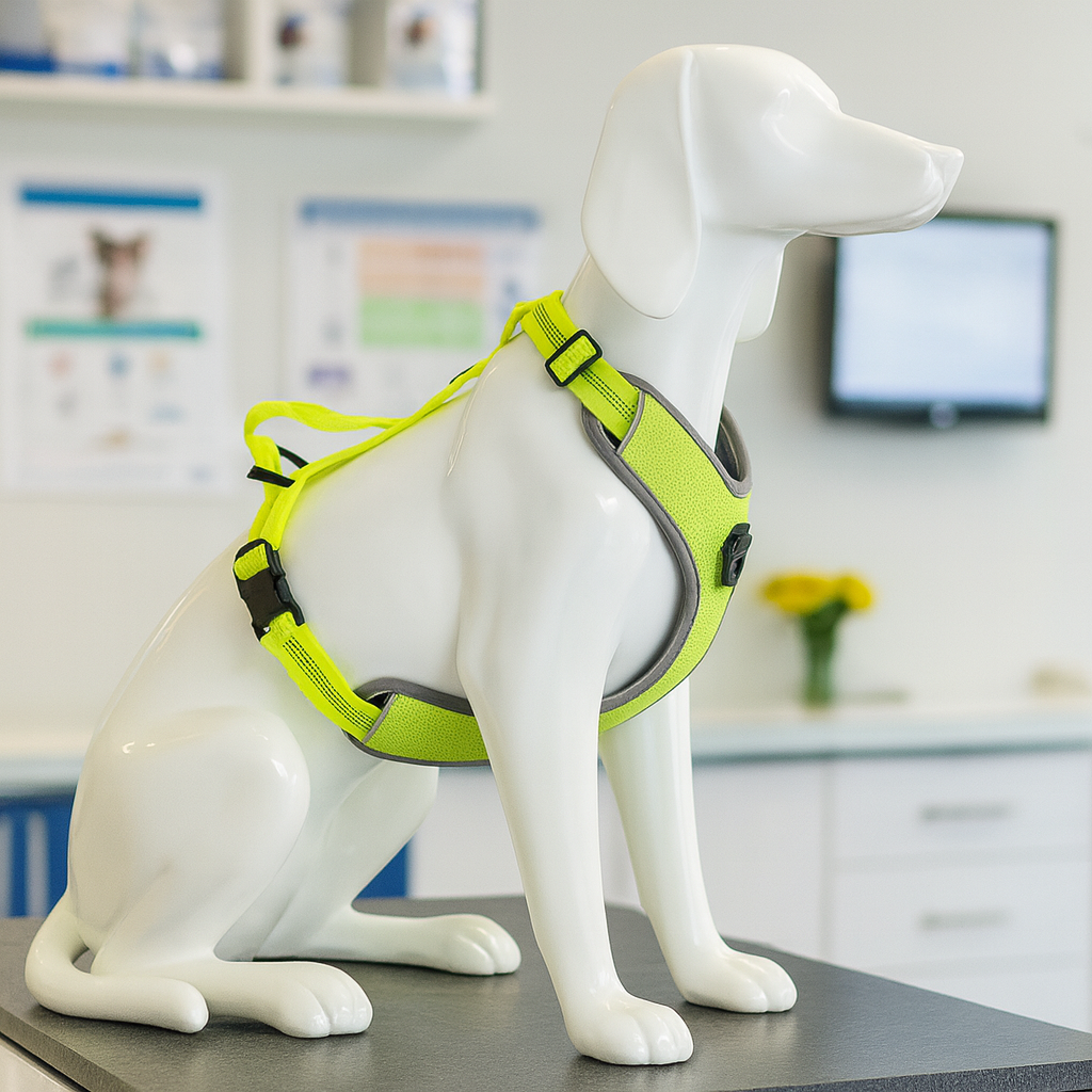 mannequin chien blanc avec un harnais jaune fluo parachute. Le mannequin est posé chez un vétérinaire Image