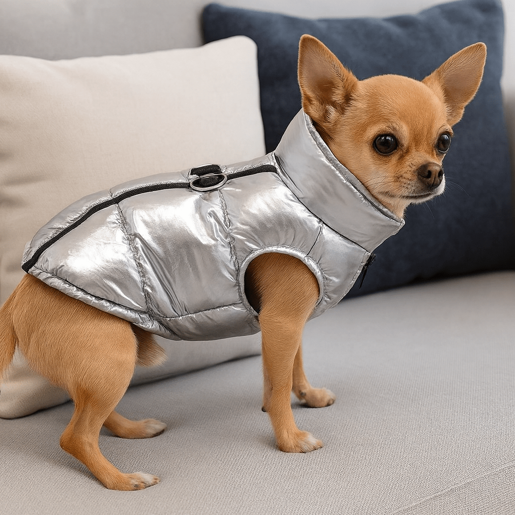 Petit chihuahua de couleur claire avec une doudou argenté sur un canapé de couleur gris avec en fond des coussins. Image produit Boutiquechien