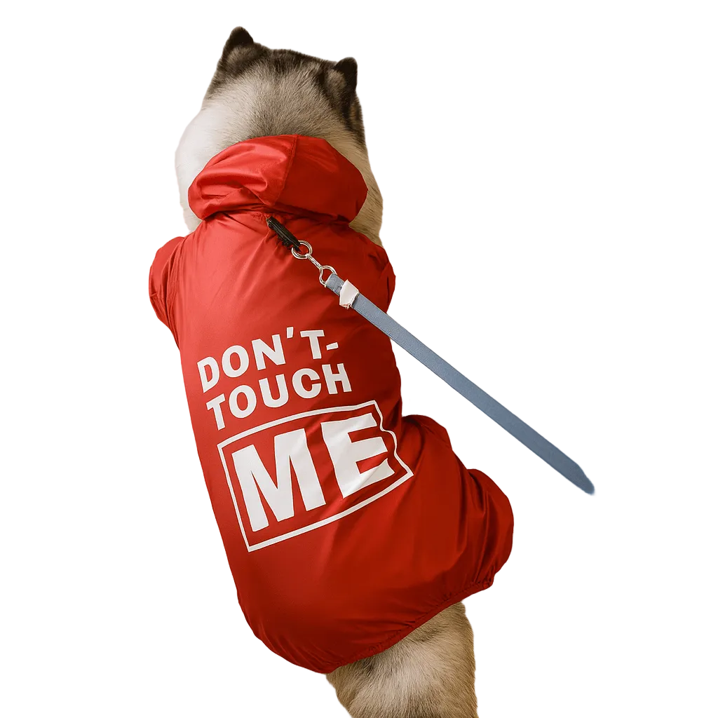 gros chien de couleur Blanc avec un imperméable de couleur rouge avec écrit dessus "don't touch me". Le chien est couché par terre sur un carrelage blanc. Image produit Boutiquechien