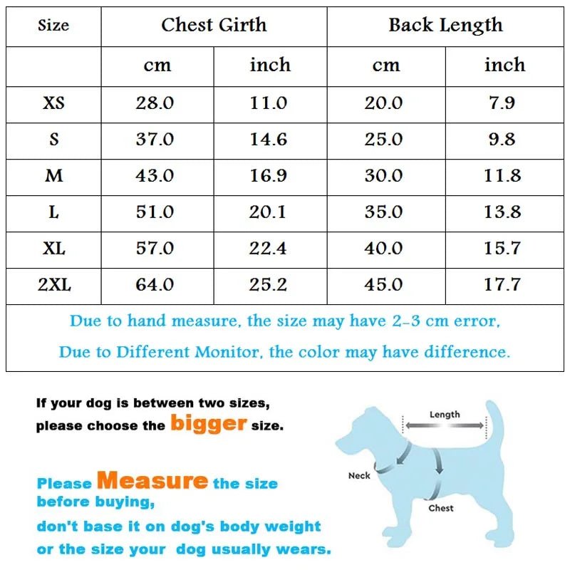 Dimensions total en tableau pour la veste Chihuahua de boutiquechien