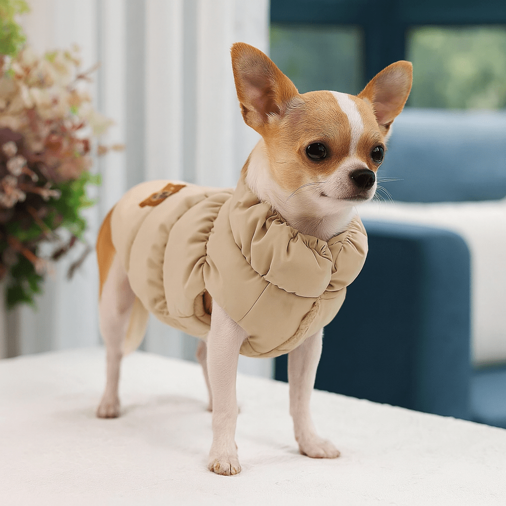 Petit chihuahua de couleur claire portant une doudou pour chien de couleur beige. le Chien est debout sur une table blanche avec en fond un canapé bleu. Image produit Boutiquechien