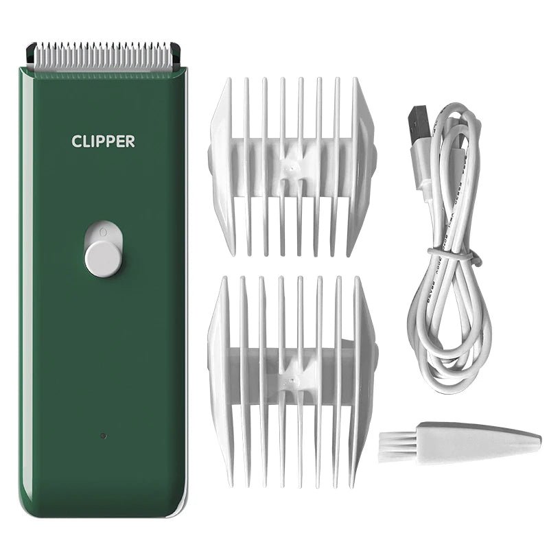 Petite tondeuse pour chien de couleur vert avec deux sabots blanc et un câble. La tondeuse est parfait pour les détails et petit boulot. Image produit Boutiquechien