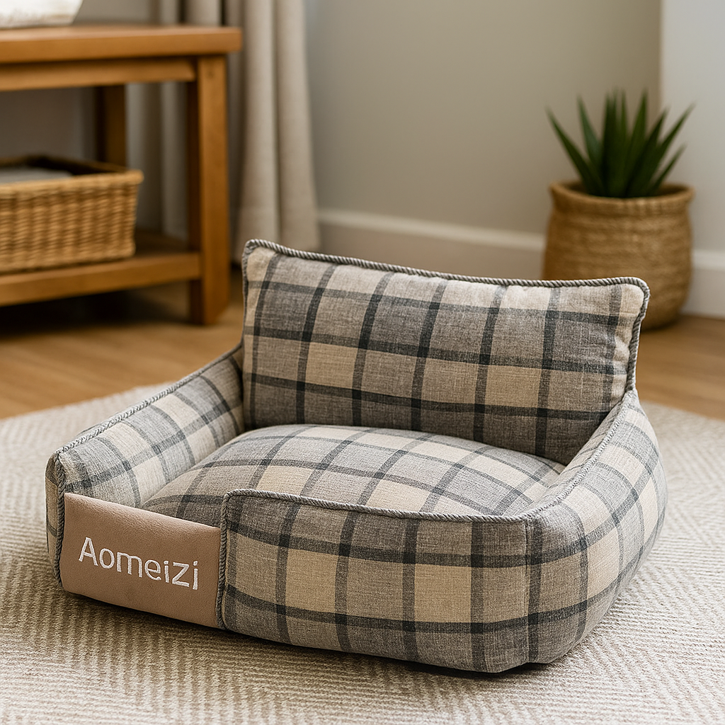 mini canapé de couleur gris pour chien avec en fond une table basse et une plante verte. Image produit Boutiquechien