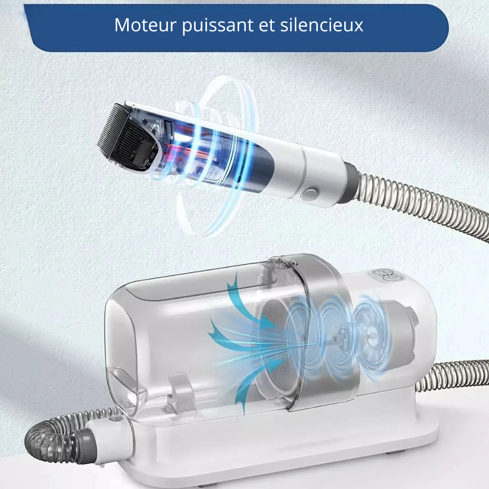 Moteur silencieux et performant pour tout les animaux avec différents accessoires comme la tondeuse sur l'image