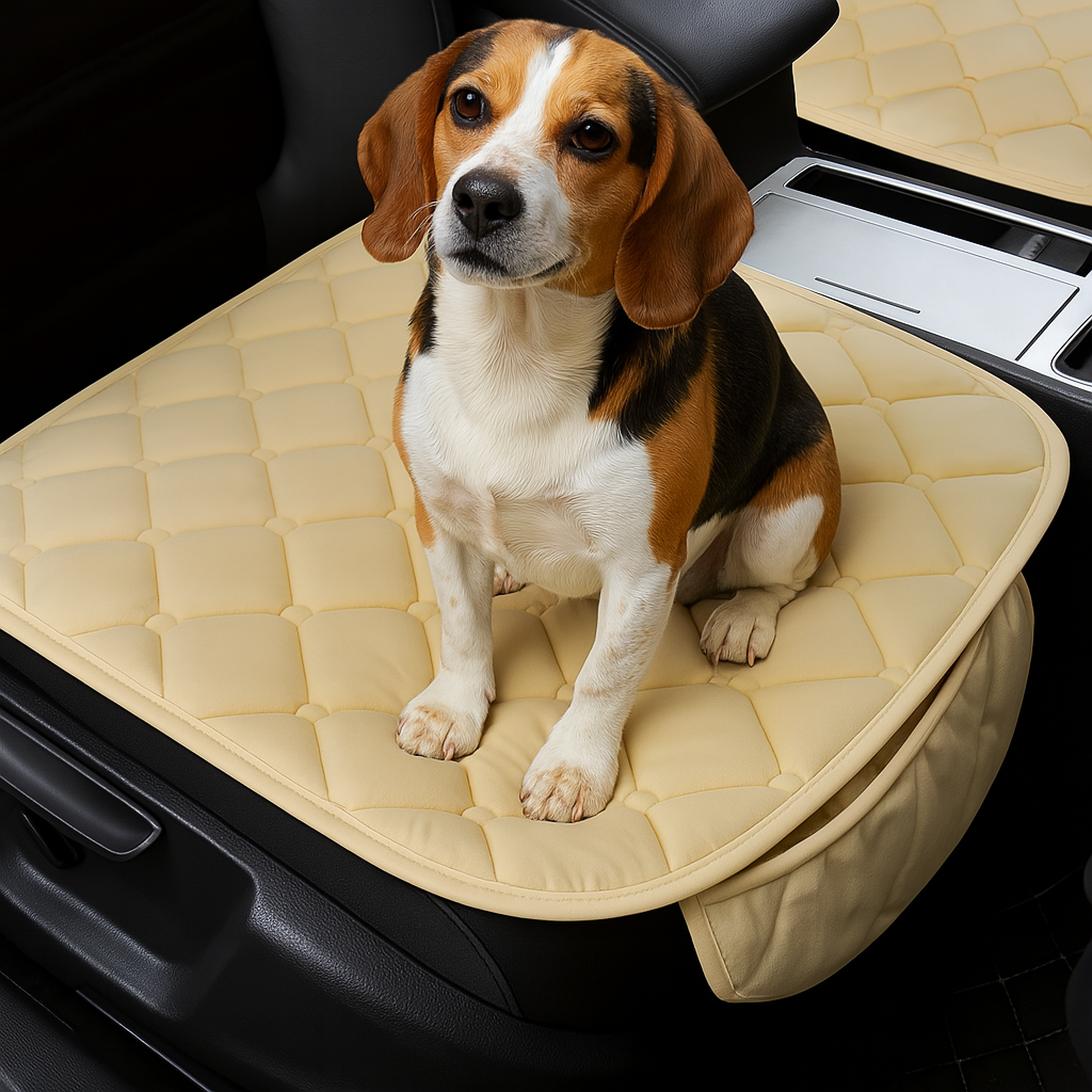 protection de siège pour voiture de coulure beige sur un siège de couleur noir. Sur le siège il y a une Chien de couleur blanc et brun assis sur la protection de siège. La protection possède un rangement pour rangé ses affaires facilement. Image produit Boutiquechien Image