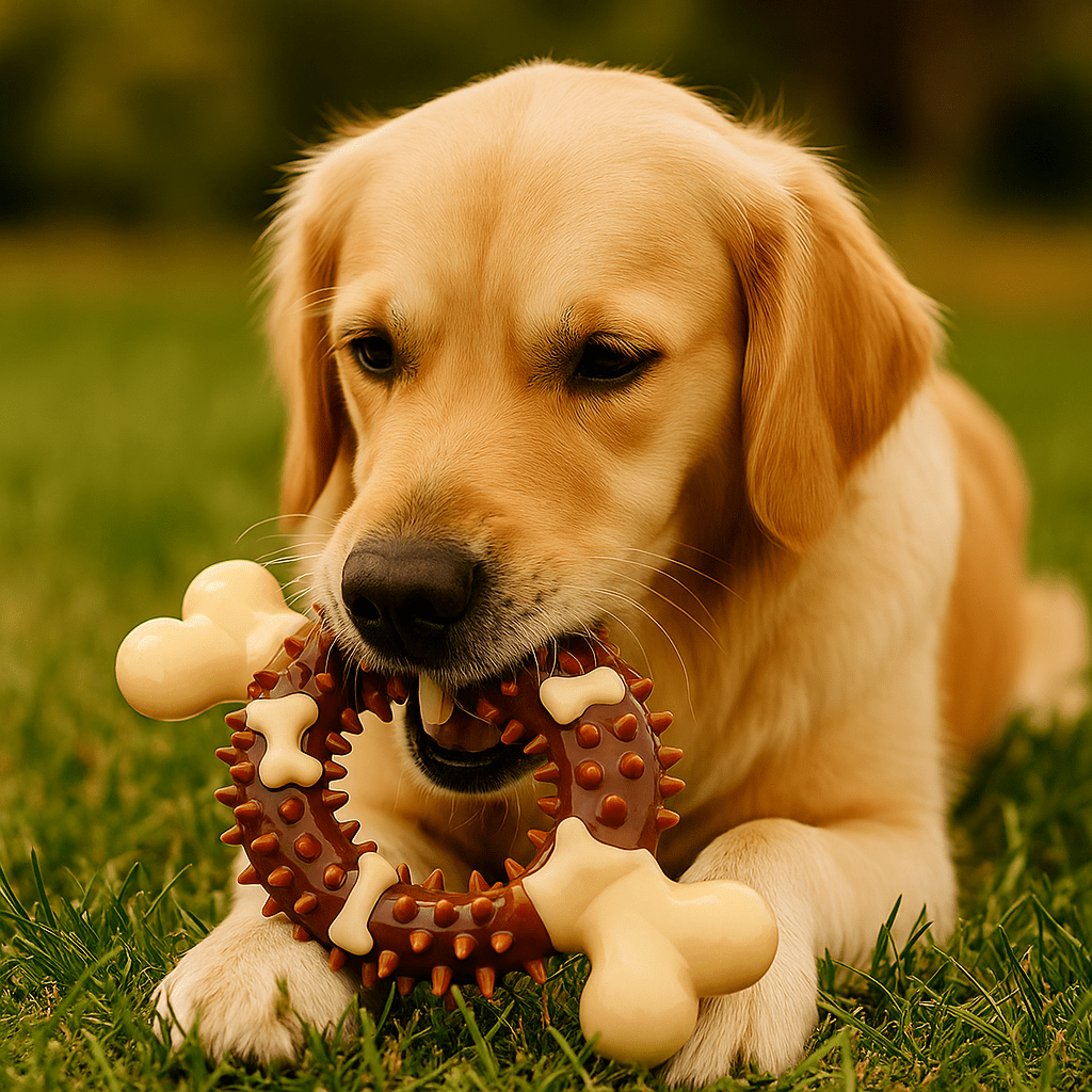 Golden retriever de couleur blanc jouant avec son os à mâcher parfait pour jouer avec son chien. Image produit Boutiquechien