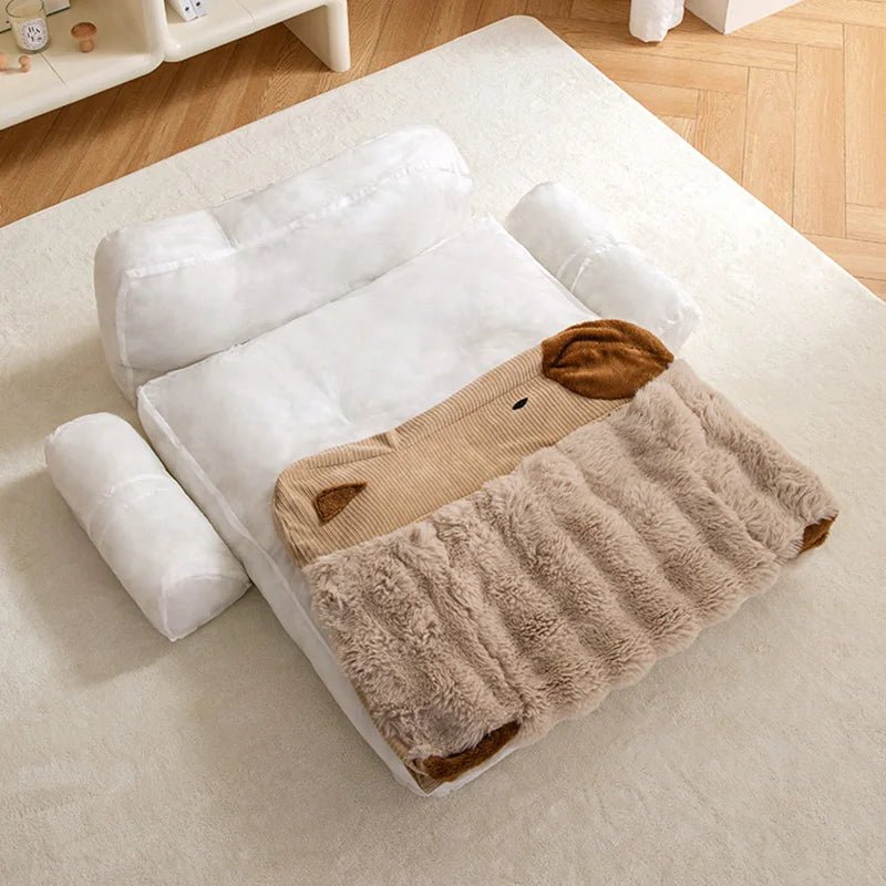 Panier pour chien design original déhoussable dans un salon claire 