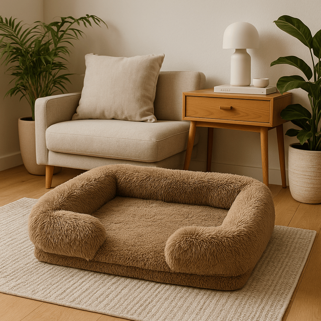 panier brun dans un salon design. En fond il y a une table basse avec une lampe posé dessus, posé sur sous la lampe il y a un livre. A cote de la table basse il y a un petit fauteuil gris. Image produit boutiquechien