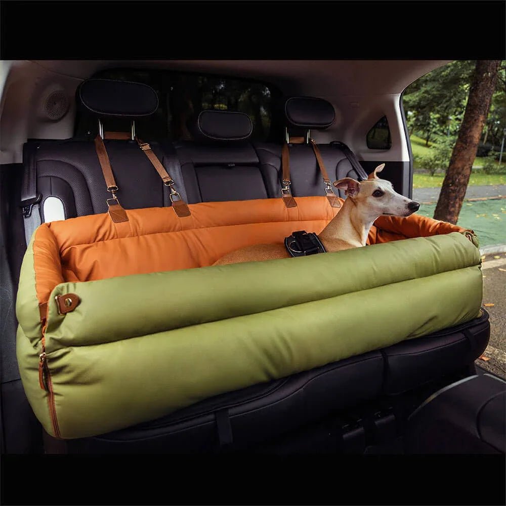 Panier pour chien de couleur orange et vert pour les voitures. Panier grande tailles résistant et durable. Image produit Boutiquechien