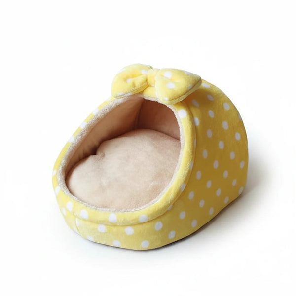 Panier tanière pour petit chien jaune à pois blancs