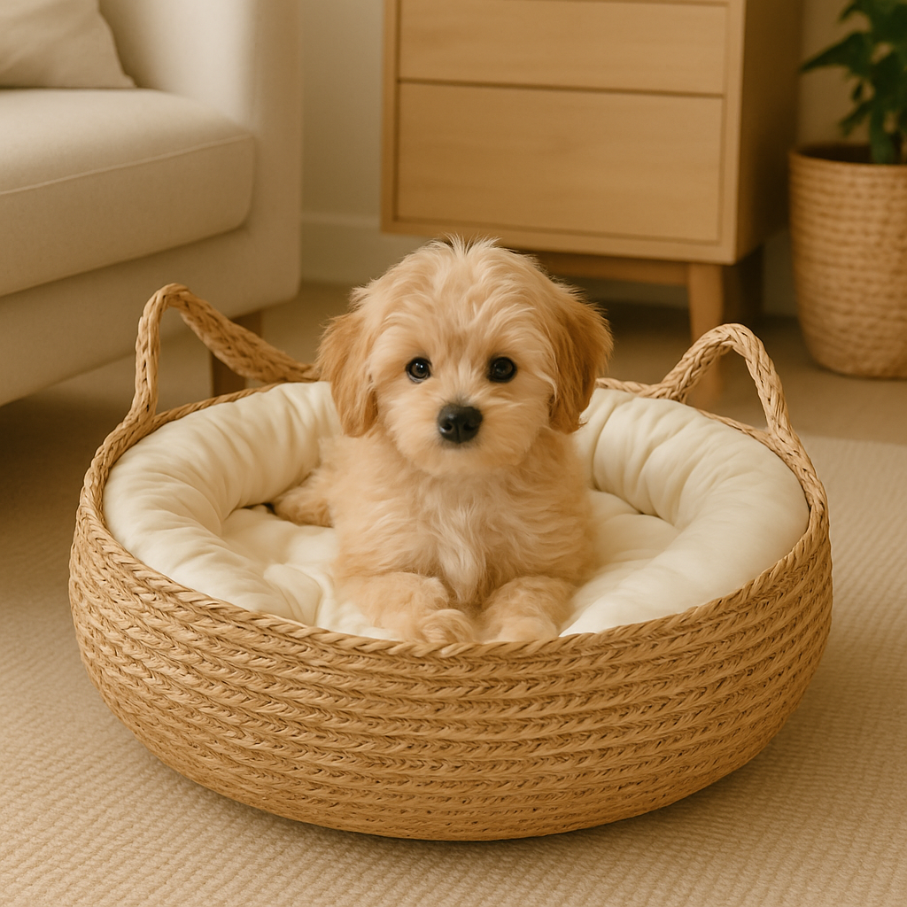 Petit chien blanc couché dans un petit panier en osier en forme de d'oreille. Le panier chien est posé dans un salon claire avec en fond un canapé gris et une plante verte. Image produit Boutiquechien Image