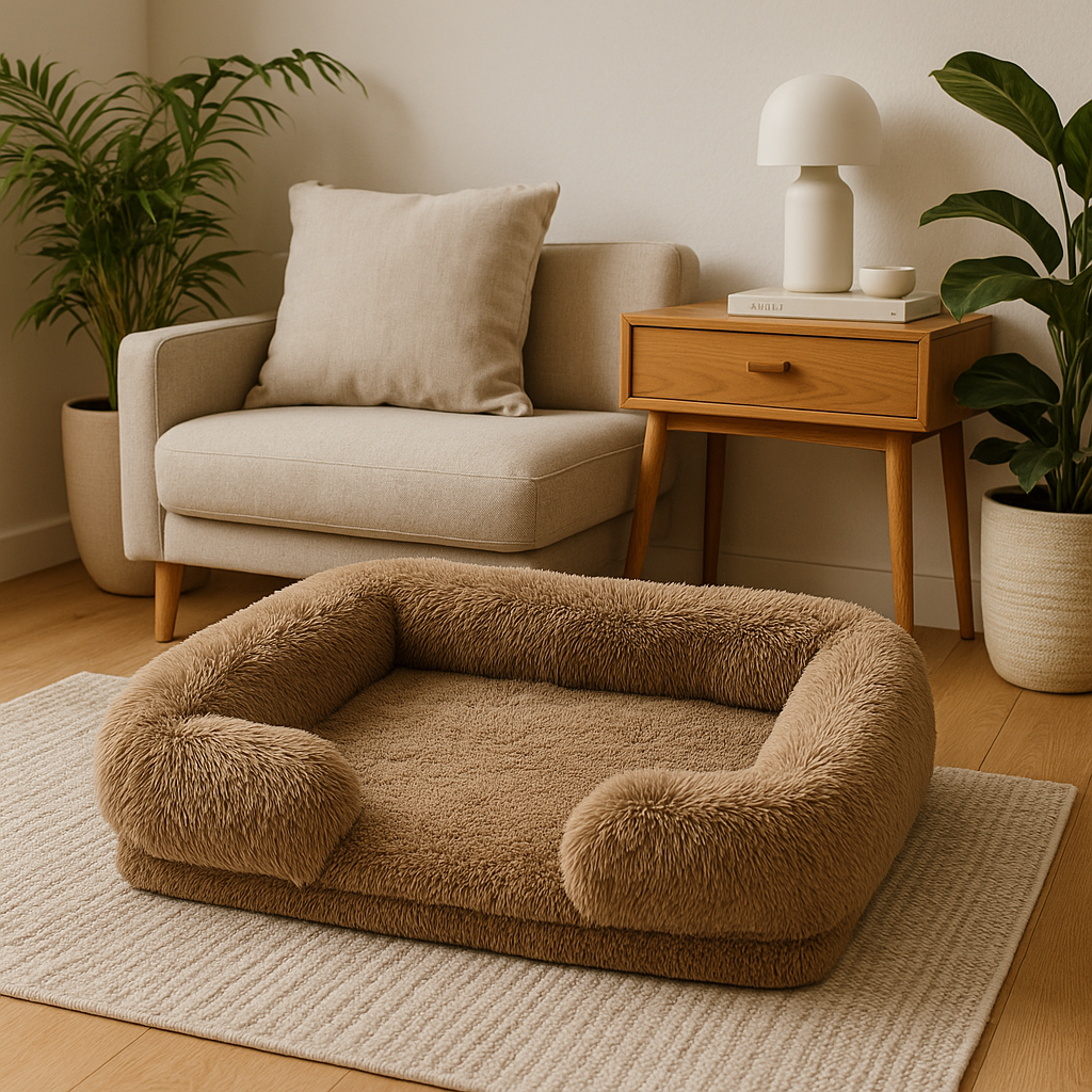 panier brun dans un salon design. En fond il y a une table basse avec une lampe posé dessus, posé sur sous la lampe il y a un livre. A cote de la table basse il y a un petit fauteuil gris. Image produit boutiquechien