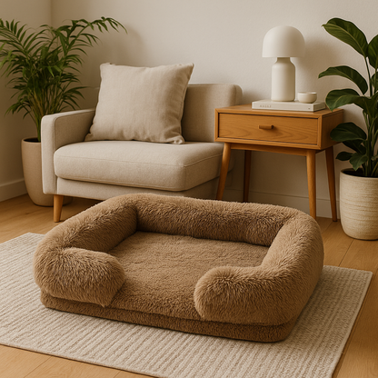 panier brun dans un salon design. En fond il y a une table basse avec une lampe posé dessus, posé sur sous la lampe il y a un livre. A cote de la table basse il y a un petit fauteuil gris. Image produit boutiquechien