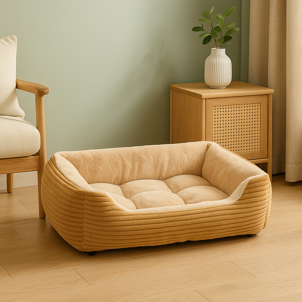 Panier chien xxl posé dans une pièce chaleureuse et claire avec en fond une commode en bois et une plante verte dessus et à gauche une chaise rembourré blanche et bois. Image produit Boutiquechien Image