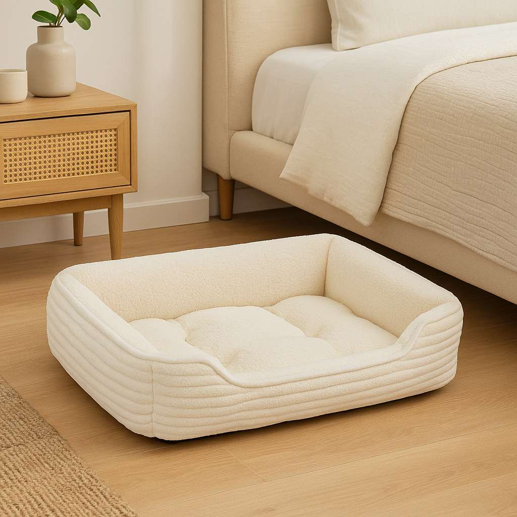 Panier chien xxl de couleur blanc dans une chambre de couleur blanc avec un lit blanc et une commode en bois. Image produit Boutiquechien Image