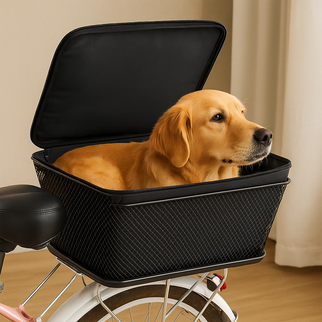 Panier chien noir avec golden retriever brun. Le panier vélo est noir avec un vélo. Image produit Boutiquechien