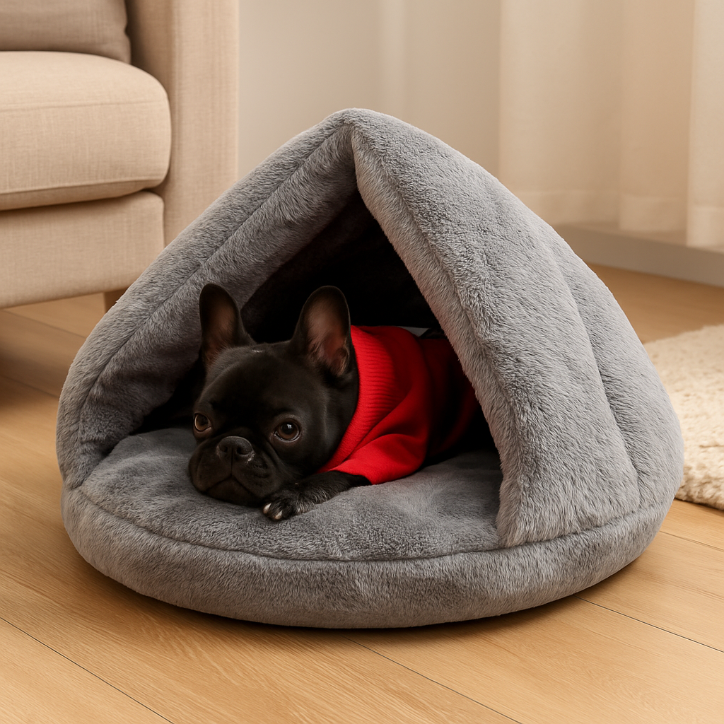 Panier pour chien gris en forme de nid posé dans un salon de couleur claire avec en fond un canapé gris. Le petit chien noir de race buldog porte un pull de couleur rouge. Image produit Boutiquechien Image