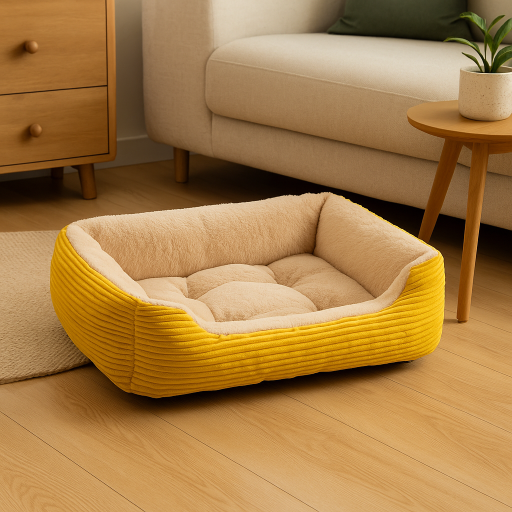 Panier chien xxl de couleur jaune et blanc posé dans un salon de couleur claire avec en fond un canapé blanc, une commode verte et une table basse. Image produit Boutiquechien  Image