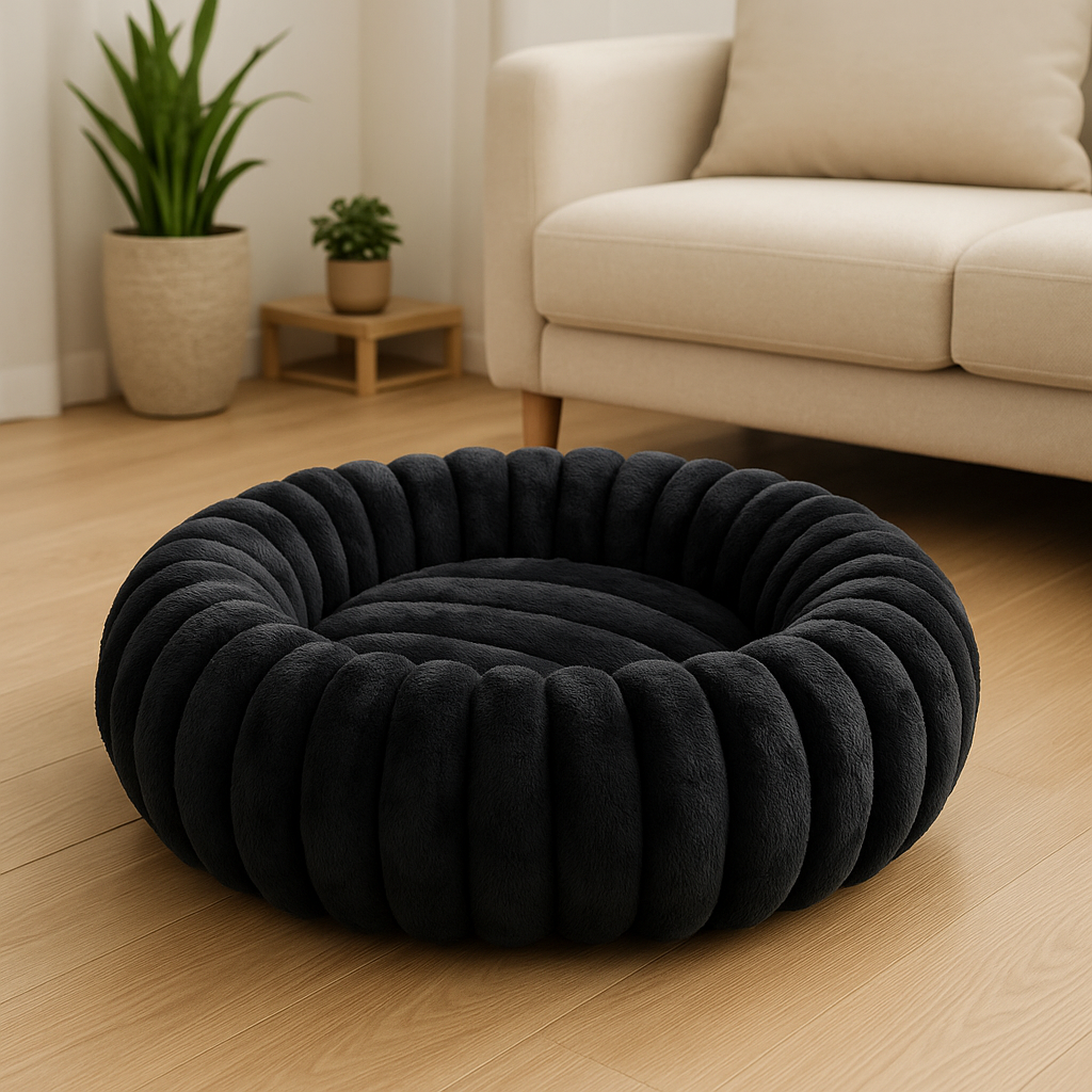 Panier pour chien xl de couleur noir fluffy. Panier pour chine xl posé dans un salon de couleur claire avec en fond un canapé blanc et un pot de fleur. Image produit Boutiquechien Image