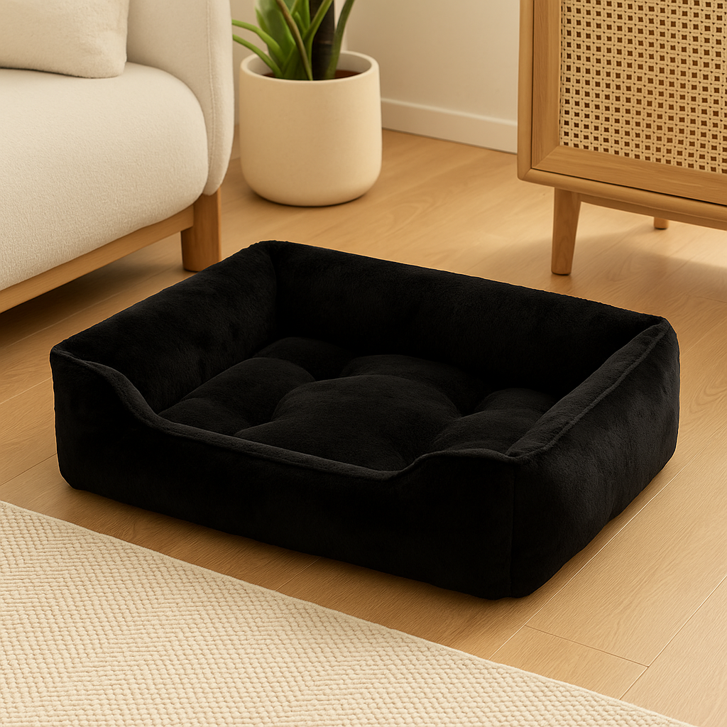 Panier chien xxl noir posé dans un salon de couleur claire avec en fond un canapé blanc et une commode en bois. Image produit Boutiquechien Image