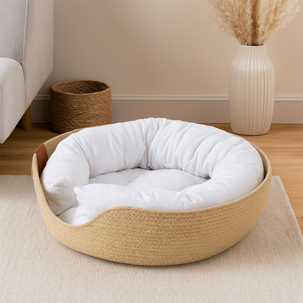 panier chien de couleur osier avec rembourrage blanc. En fond il y a une plante et canapé. Image produit Boutiquechien