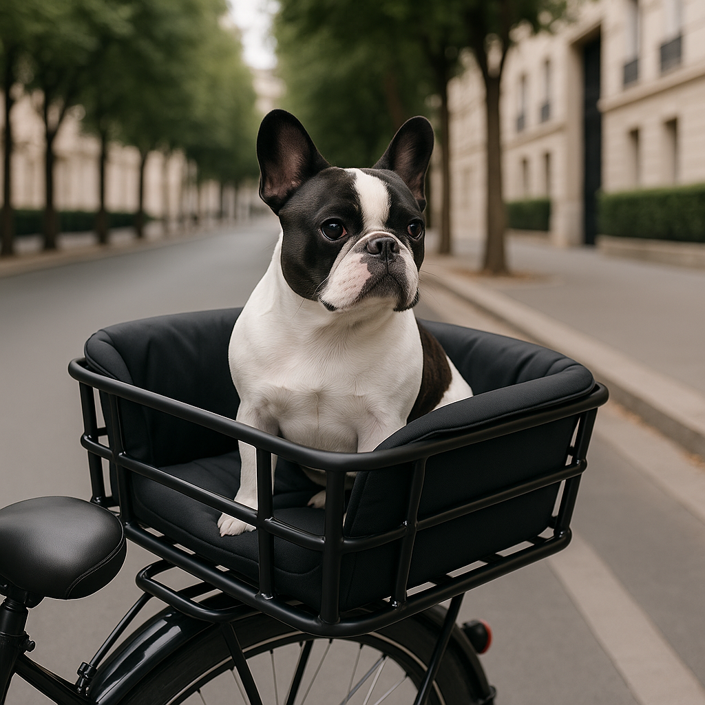 Panier chien vélo de couleur noir attaché sur un vélo noir dans un ville. Image produit Boutiquechien Image