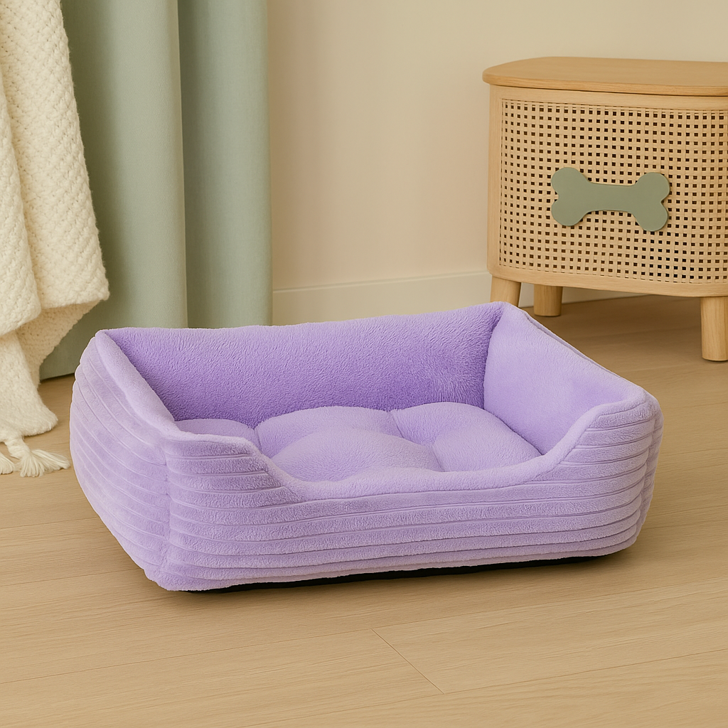 Panier chien xxl de couleur violet, posé dans un salon de couleur claire. Dans ce salon il y a des rideaux de couleurs claire et une table basse en bois avec un Os dessus. Image produit Boutiquechien Image