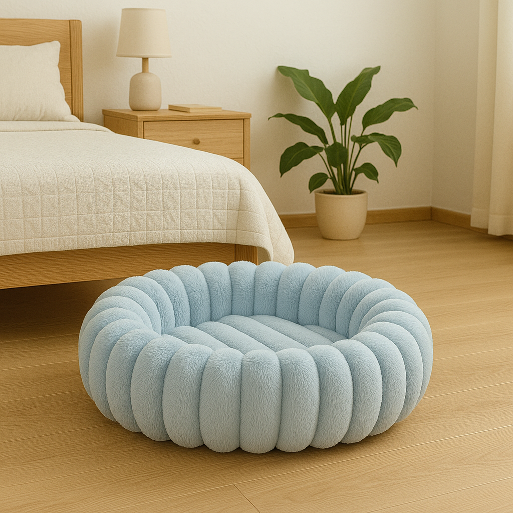 Panier chien xl bleu style fluffy posé dans une chambre de couleur claire. Le lit est posé en fond de couleur blanc. En fond il y a une table basse avec une plante verte. Image produit Boutiquechien  Image
