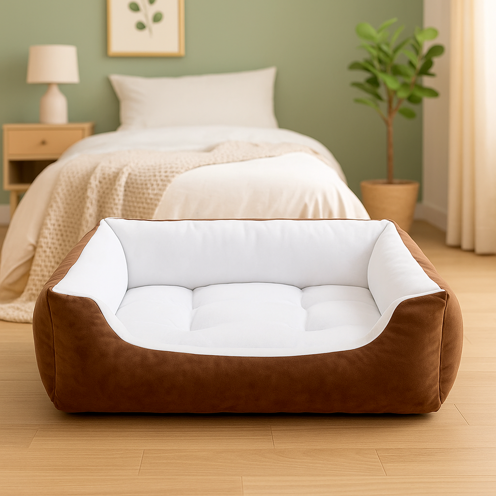 Panier chien xxl de couleur brun et blanc posé dans une chambre de couleur blanc. La chambre est de couleur blanche avec une plante verte et une commode. Image produit Boutiquechien Image