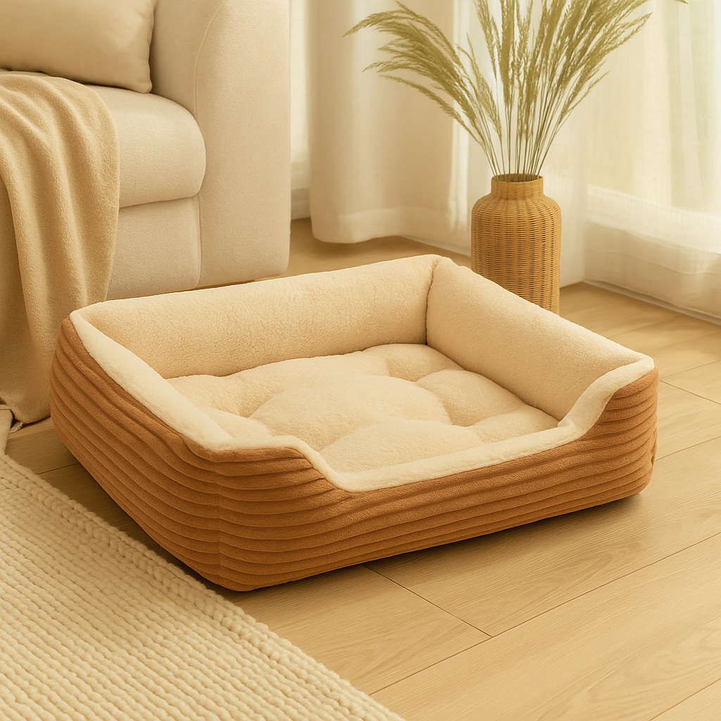 Panier chien xxl de couleur brun posé dans un salon de couleur claire près d'un canapé blanc et d'un pot de fleur en osier. Image produit Boutiquechien Image