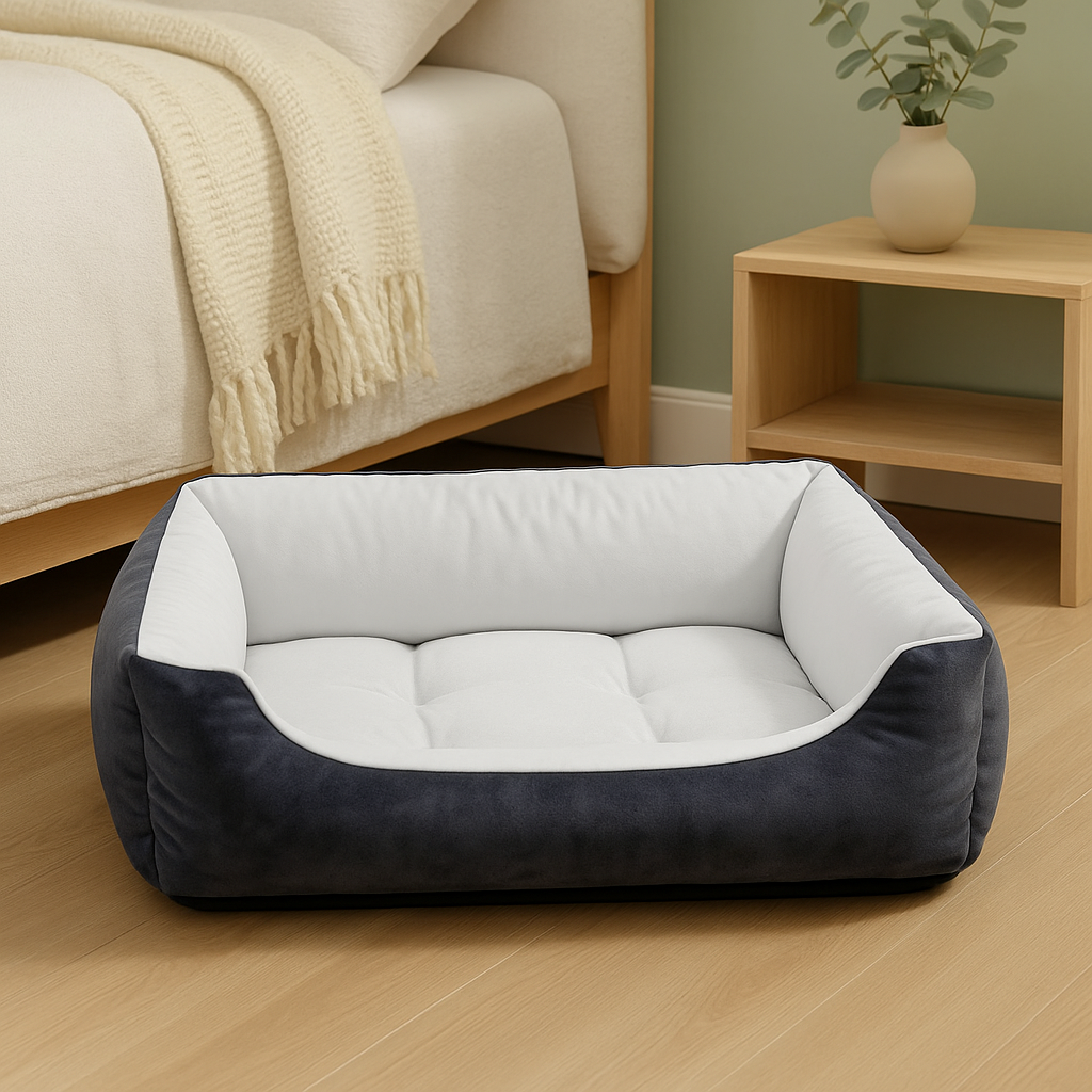 Panier chien xxl dans une chambre de couleur claire avec en fond un canapé blanc et une commode en bois. Image produit Boutiquechien Image