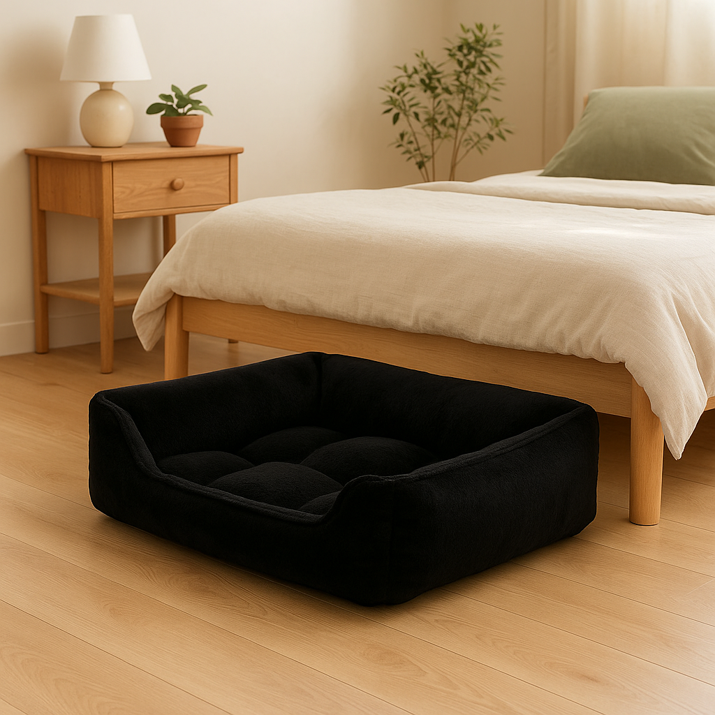 Panier xxl chien noir posé dans une chambre de couleur claire avec en fond un lit blanc et bois et une commode en bois. Image produit Boutiquechien Image