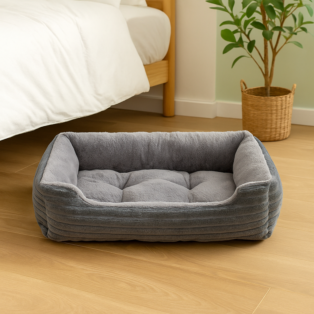 Panier chien gris xxl posé dans une chambre de couleur claire avec en fond un lit blanc et une plante verte. Image produit Boutiquechien Image