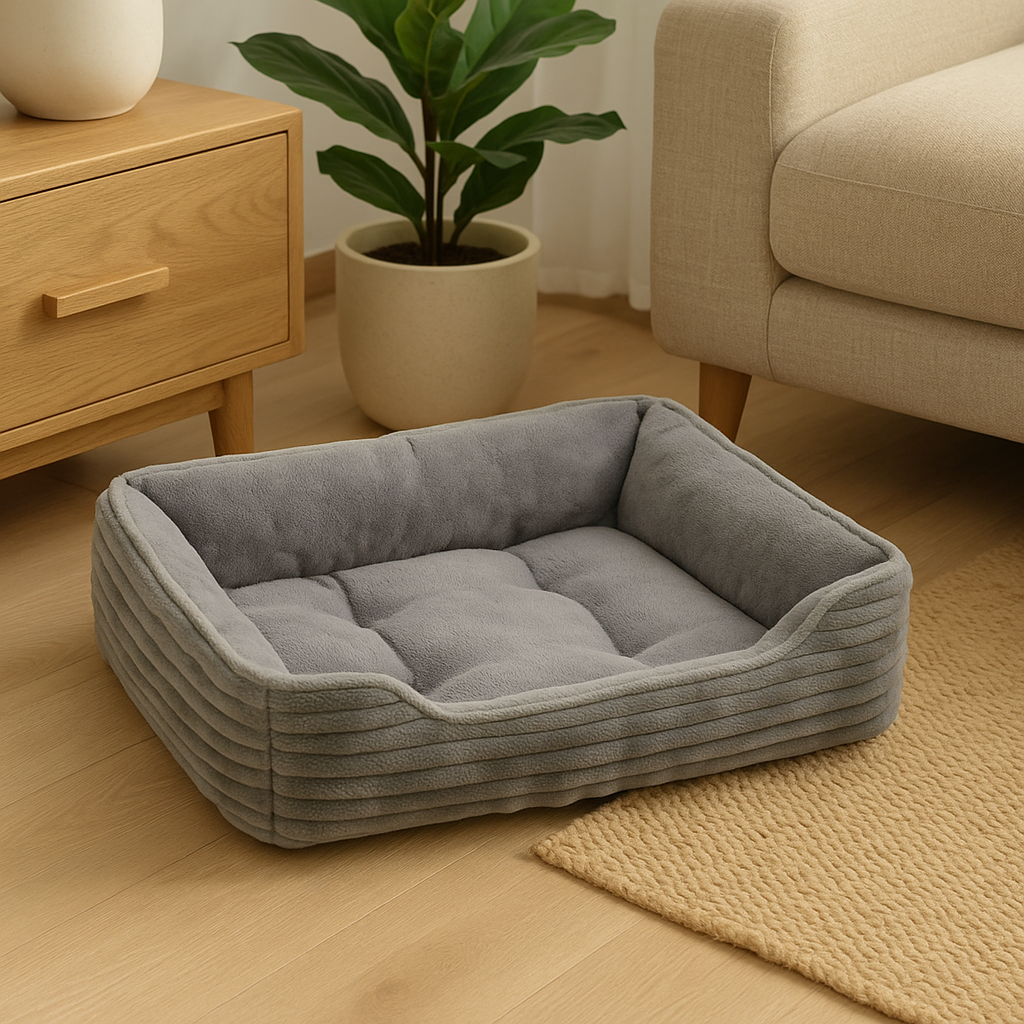 Panier chien xxl de couleur gris posé dans un salon de couleur claire avec en fond un canapé et une commode couleur bois. Image produit Boutiquechien Image