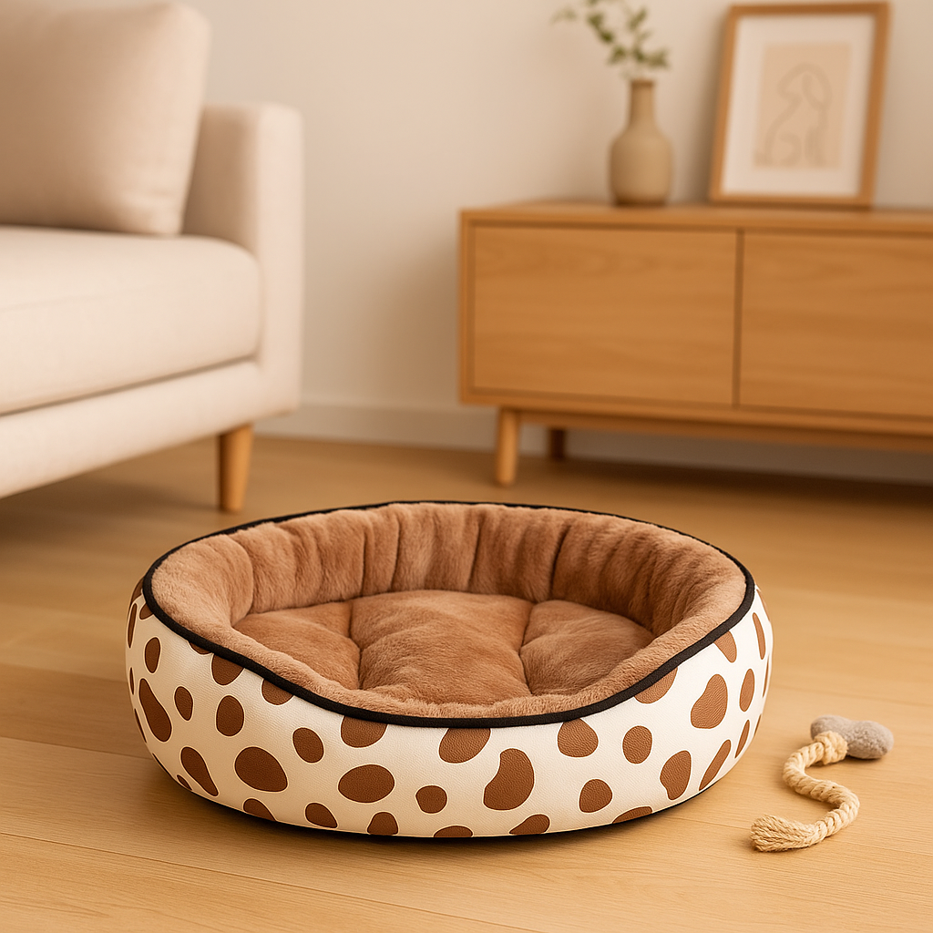 Panier chien moelleux posé dans un salon de couleur claire avec un canapé blanc et une commode en bois. Le panier chien xl est de couleur brun et blanc posé à côté d'un jour en corde résistant. Image produit Boutiquechien Image