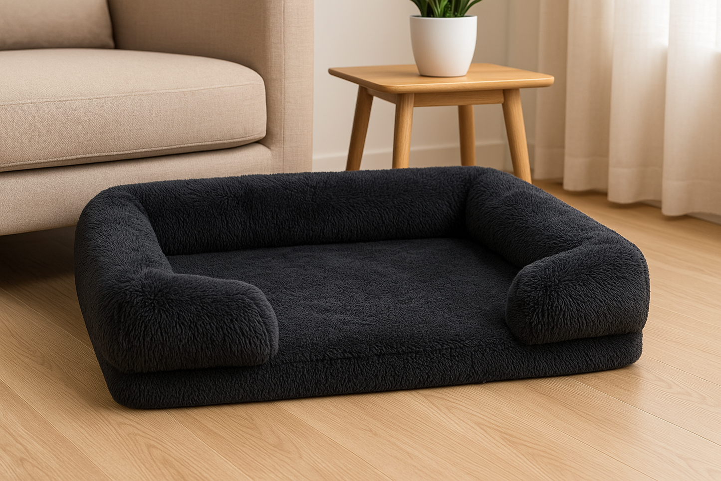 grand panier pour chien noir posé dans un salon chic sur un parquet bois. En fond il y a un canapé gris et une table basse couleur noir avec posé dessus un pot de fleur blanc. Image produit boutiquechien