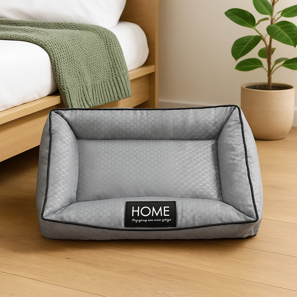 Panier chien xl de couleur gris posé dans une chambre de couleur claire. Le panier est posé à côté d'un lit de couleur claire. Il est posé à côté d'une plante verte. Image produit Boutiquechien Image