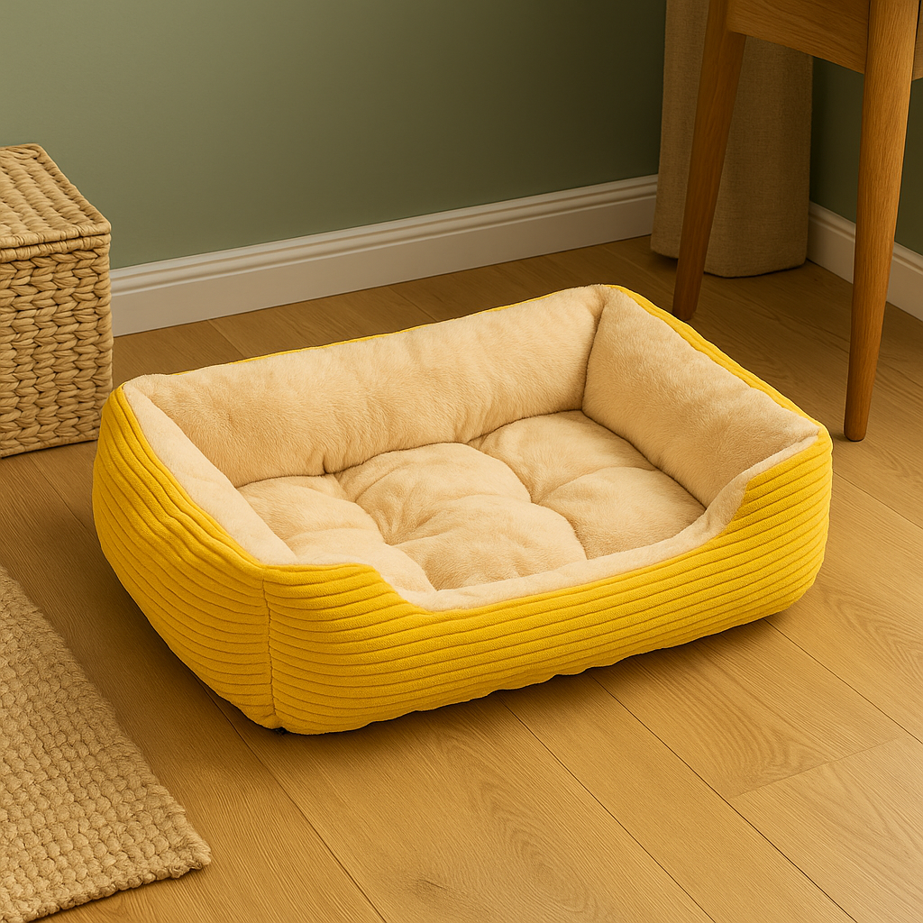 Panier chien xxl de couleur jaune posé dans un bureau de couleur bois. Image produit Boutiquechien Image