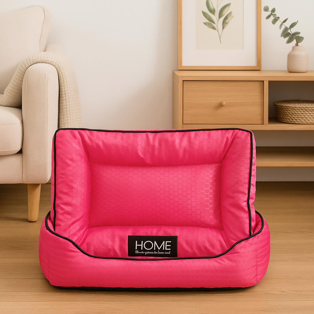 Panier chien xl rose posé dans un salon de couleur claire avec en fond une commode en bois et sur le côté un canapé blanc. Image produit Boutiquechien Image